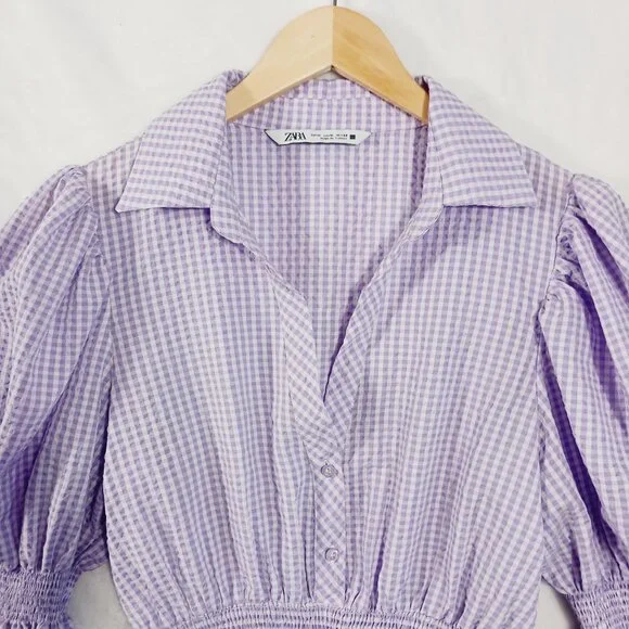 Zara, Lavender & White Gingham Check Crop Top, Long Sleeve, Renaissance, Peasant - Picture 4 of 14